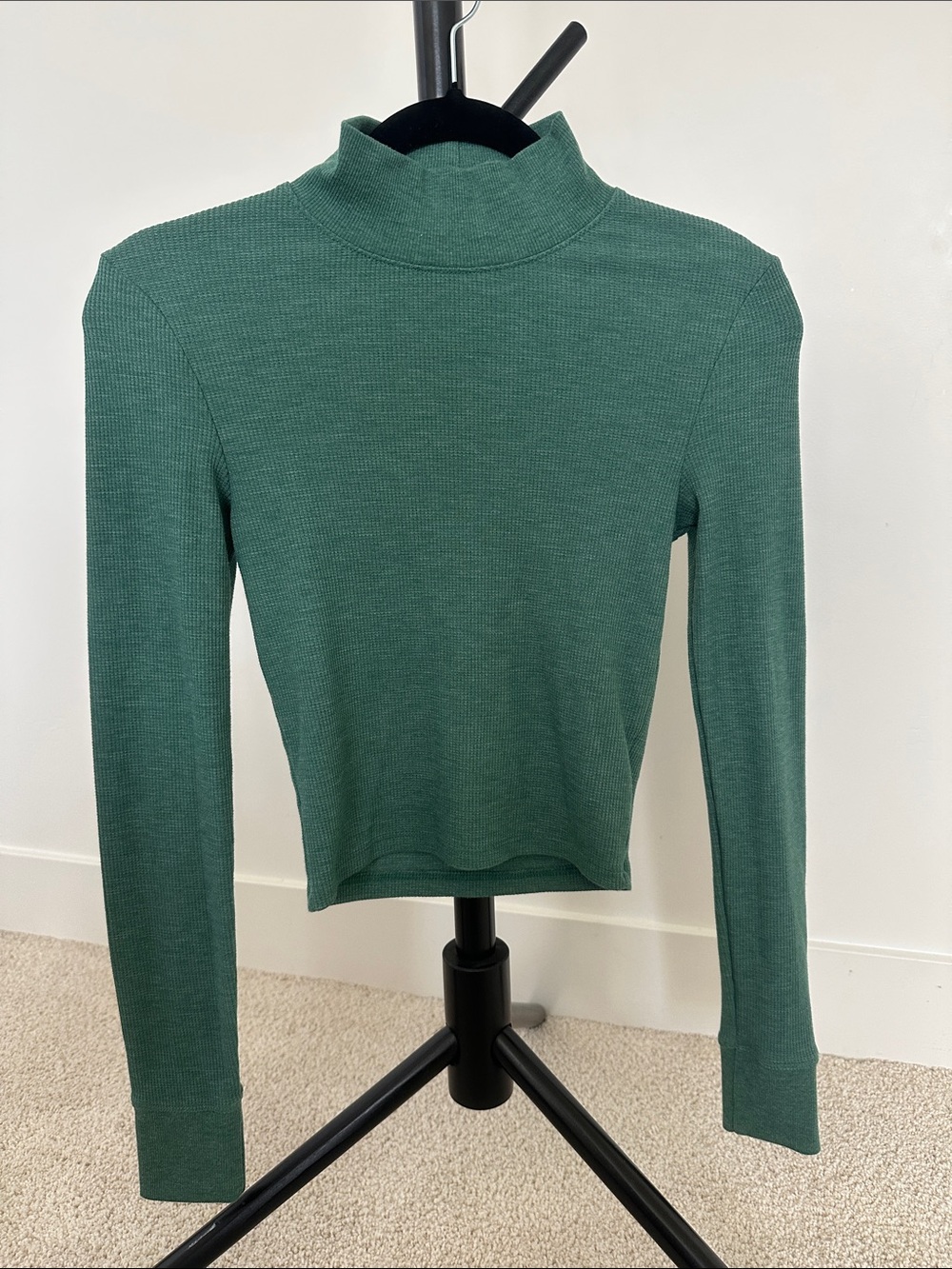 American Eagle Outfitters Ribbed Mock Neck Long Sleeve Top in Teal Green